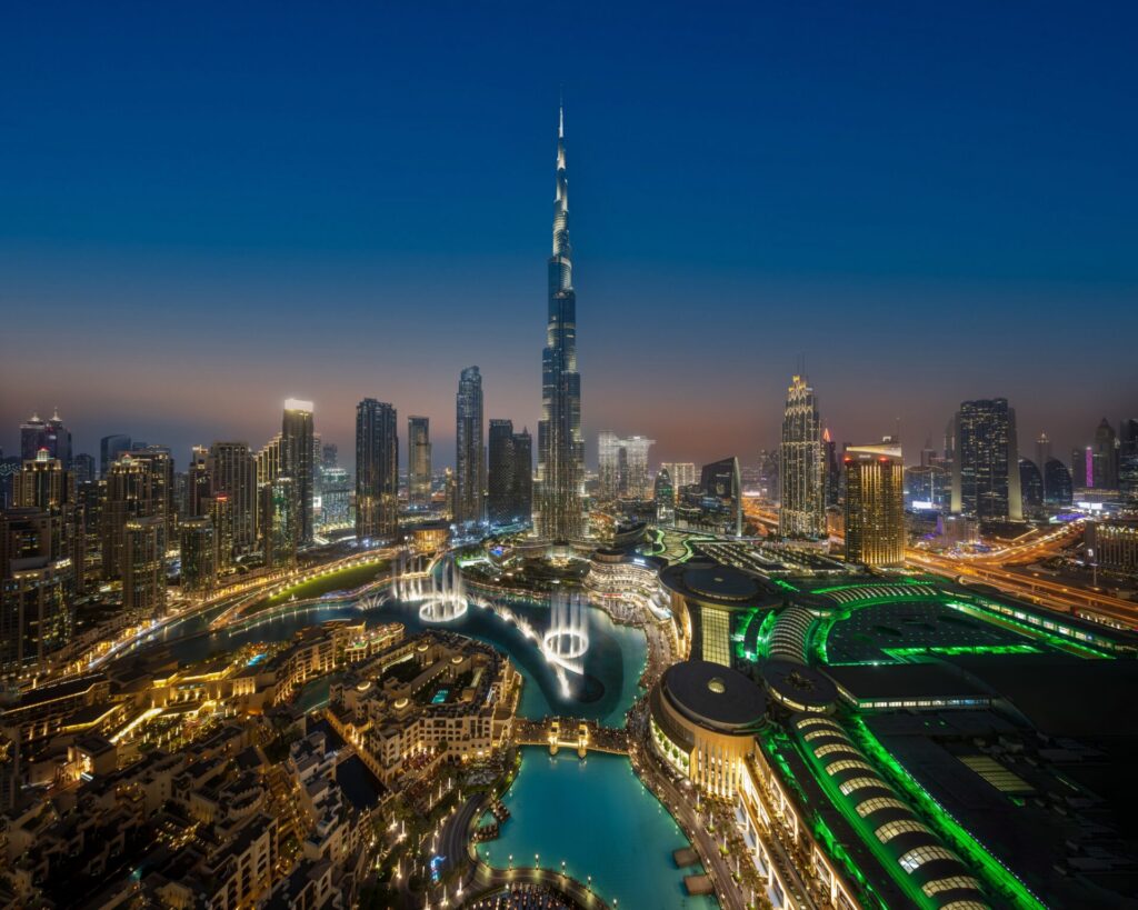 Burj Khalifa in downtown Dubai with the Dancing Fountains