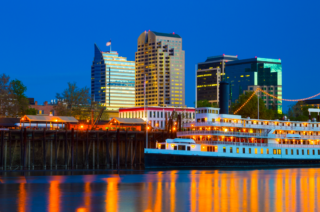 riverboat in the water at dusk