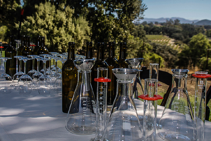 wine bottles and glasses on a white tabelcloth outside