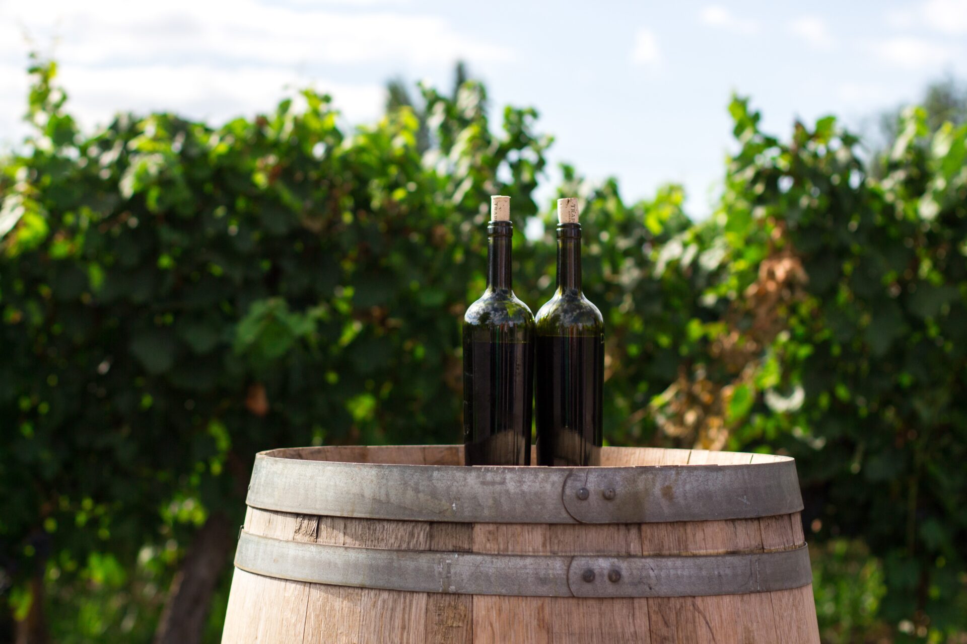 Two wine bottles sitting on top of a wine barrel.