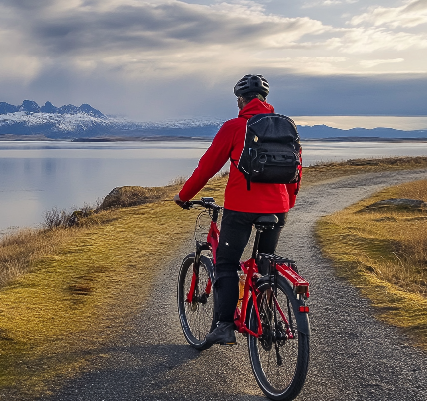 Biking riding along coast of Puerto Natales