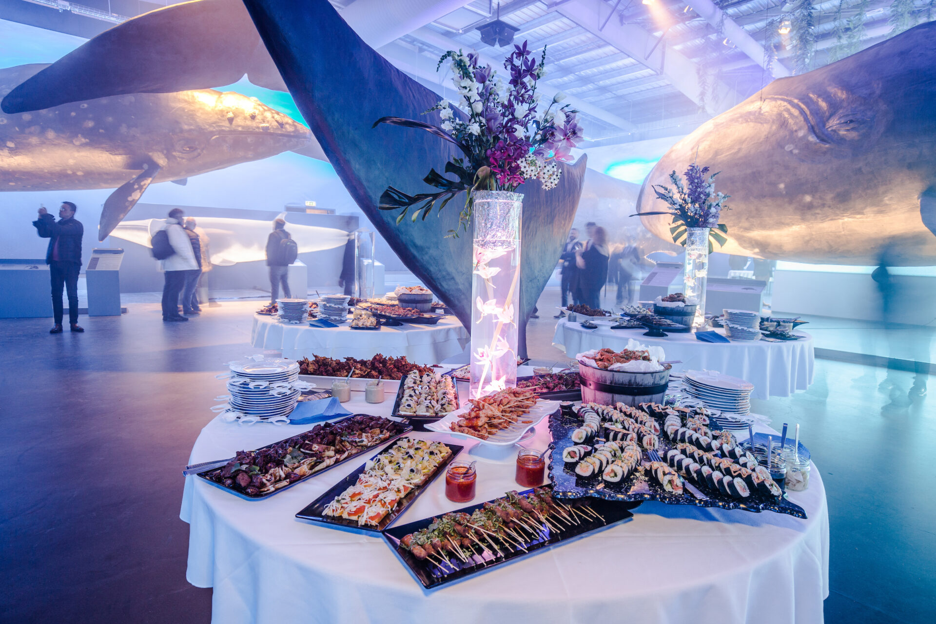 Table display with seafood.